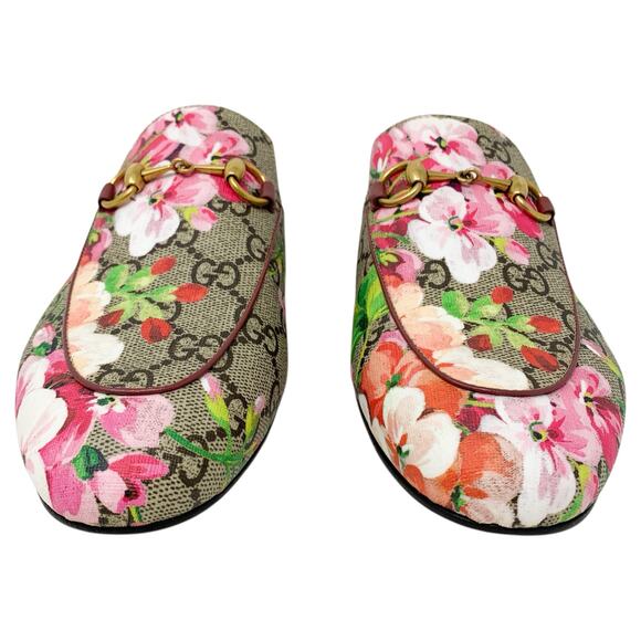 Gucci Princetown Pink Bloom Floral Print GG Monogram Canvas Loafers Mules Flats - Picture 4 of 12